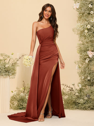 Sheath/Column One-Shoulder Long Formal Dresses with Split Side & Ruched