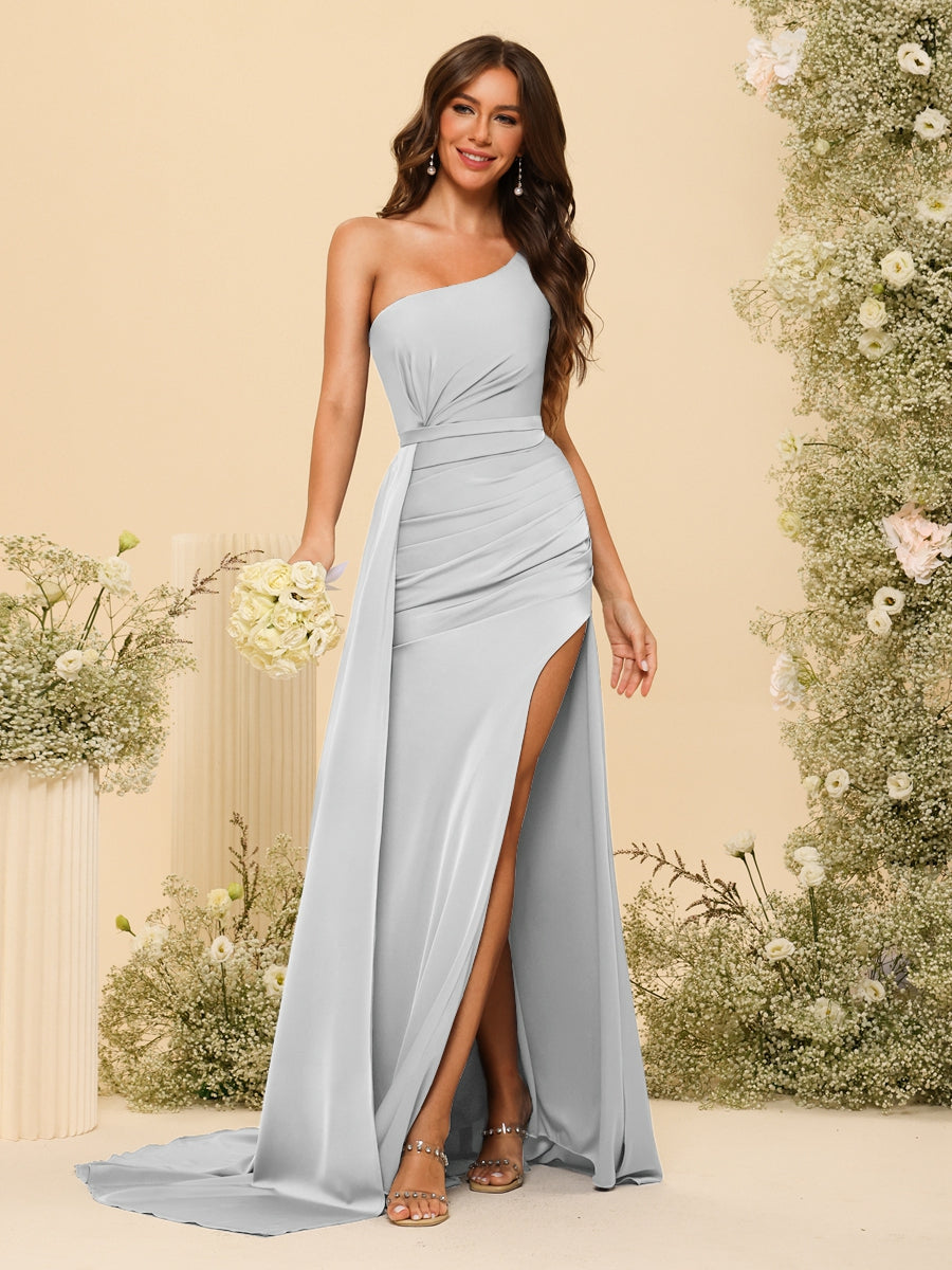 Sheath/Column One-Shoulder Long Formal Dresses with Split Side & Ruched