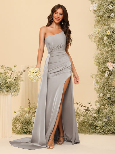 Sheath/Column One-Shoulder Long Formal Dresses with Split Side & Ruched