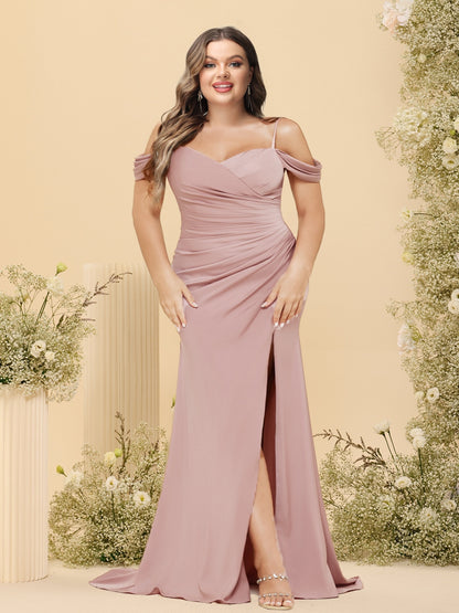 Sheath/Column Off-the-Shoulder Spaghetti Straps Long Plus Size Formal Dresses with Split Side