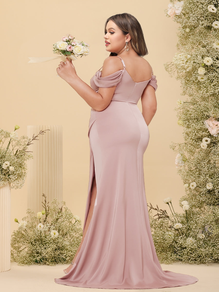 Sheath/Column Off-the-Shoulder Spaghetti Straps Long Plus Size Formal Dresses with Split Side