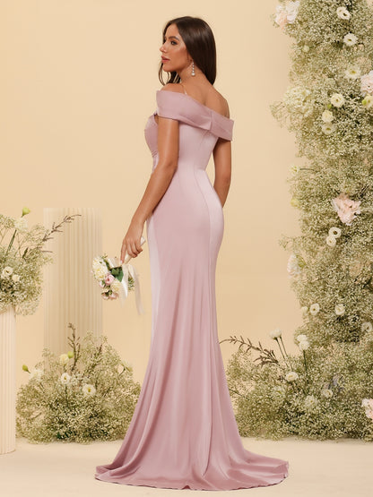 Sheath/Column Off-the-Shoulder Long Formal Dresses with Split Side & Ruched