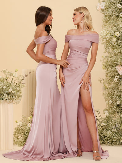 Sheath/Column Off-the-Shoulder Long Formal Dresses with Split Side & Ruched