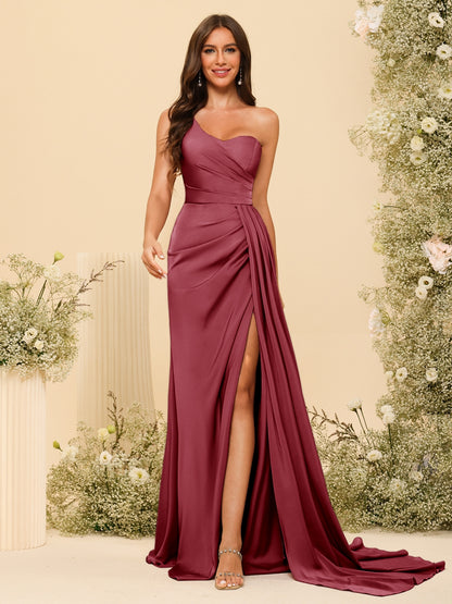 Sheath/Column One-Shoulder Sweetheart Long Formal Dresses with Split Side