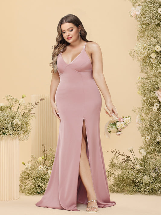 Sheath/Column V-Neck Spaghetti Straps Long Plus Size Formal Dresses with Split Side