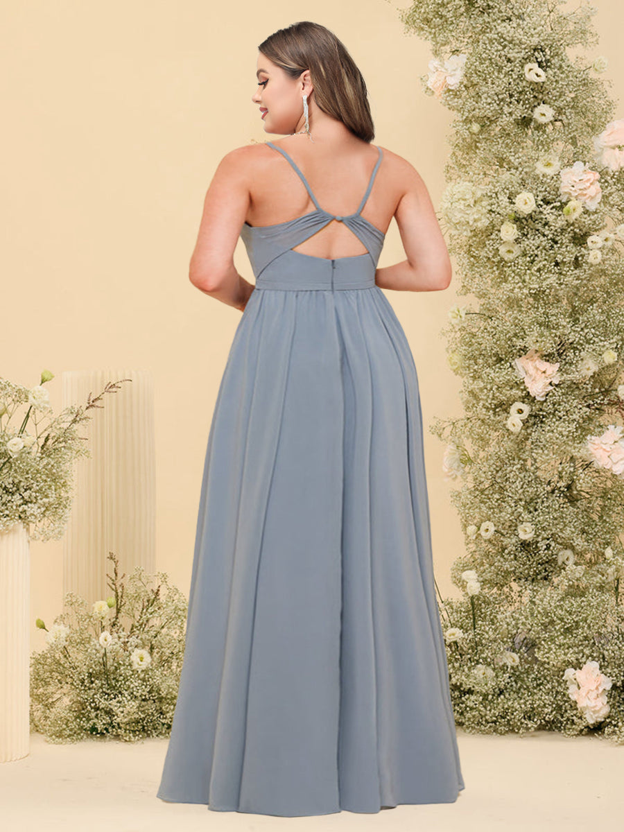 A-Line/Princess Spaghetti Straps Long Plus Size Bridesmaid Dresses with Split Side & Pockets