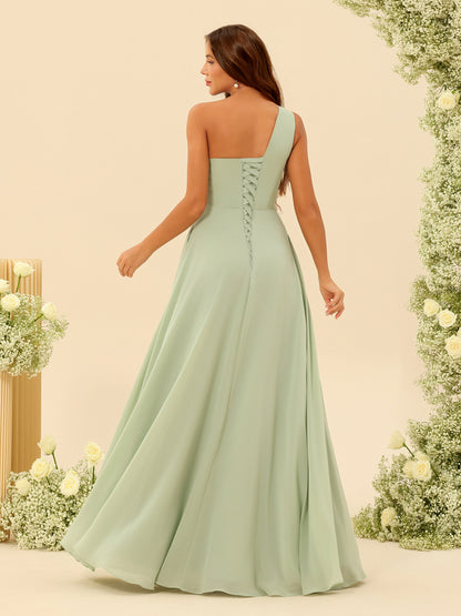 A-Line/Princess One-Shoulder Long Bridesmaid Dresses with Split Side