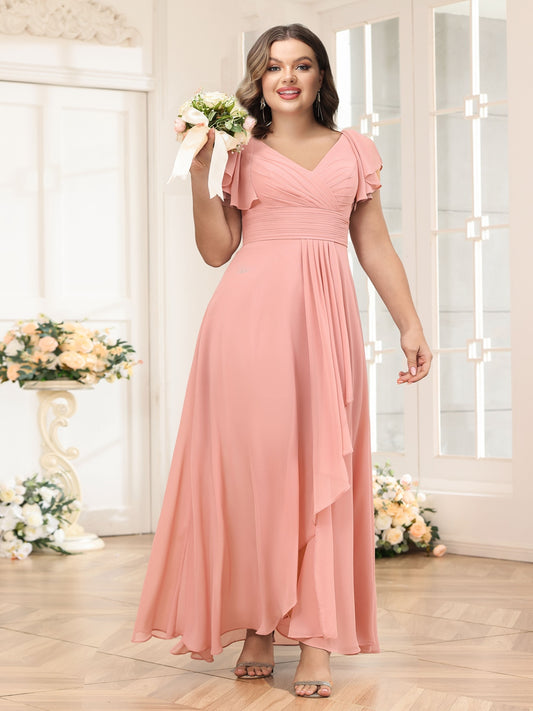 A-Line/Princess V-Neck Long Plus Size Wedding Party Dresses with Ruffles