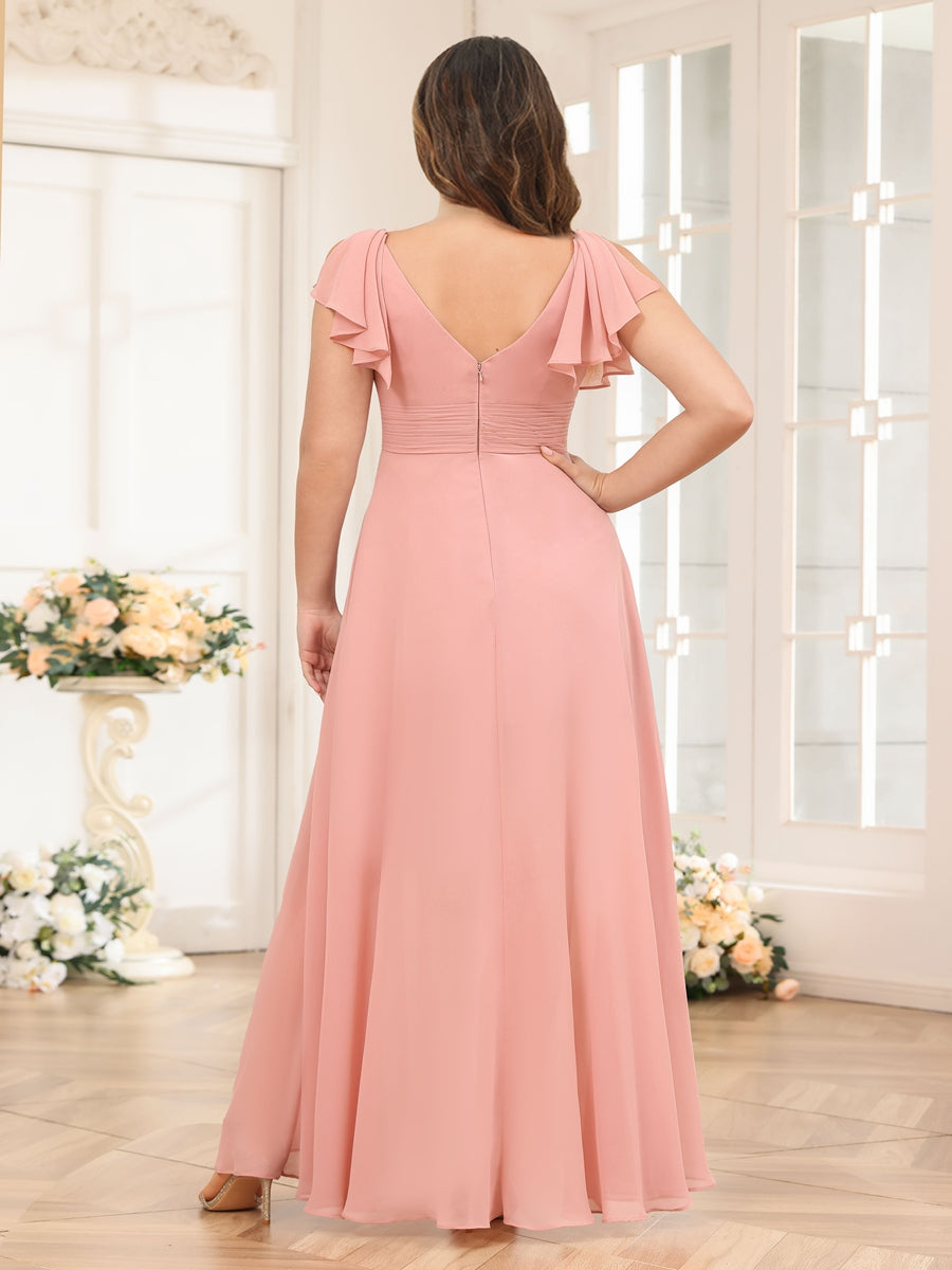 A-Line/Princess V-Neck Long Plus Size Wedding Party Dresses with Ruffles