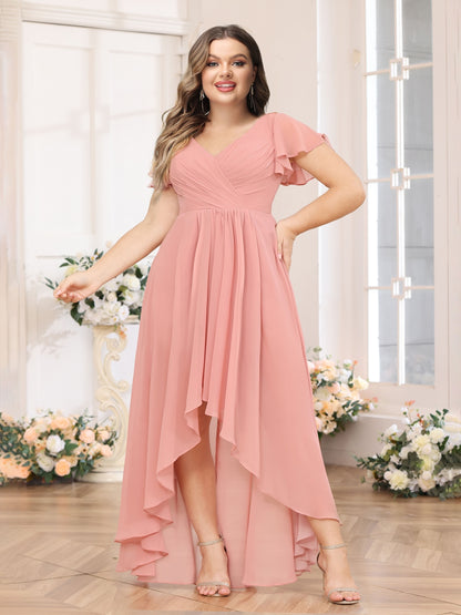 A-Line/Princess V-Neck Long Plus Size Wedding Party Dresses with Ruffles