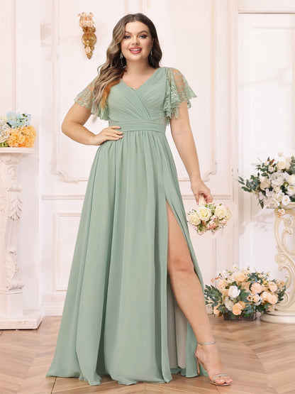 A-Line/Princess V-Neck Long Plus Size Wedding Party Dresses with Split Side & Pockets