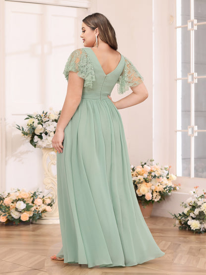 A-Line/Princess V-Neck Long Plus Size Wedding Party Dresses with Split Side & Pockets