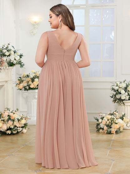 A-Line/Princess V-Neck Long Plus Size Wedding Party Dresses with Split Side & Pockets