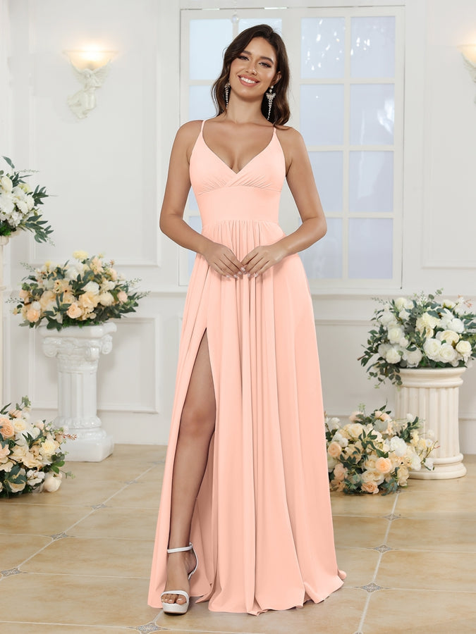 A-Line/Princess Spaghetti Straps Long Wedding Party Dresses with Split Side