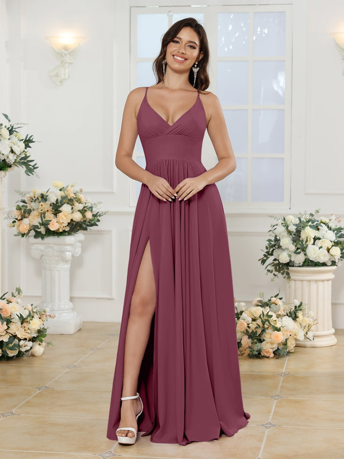 A-Line/Princess Spaghetti Straps Long Wedding Party Dresses with Split Side