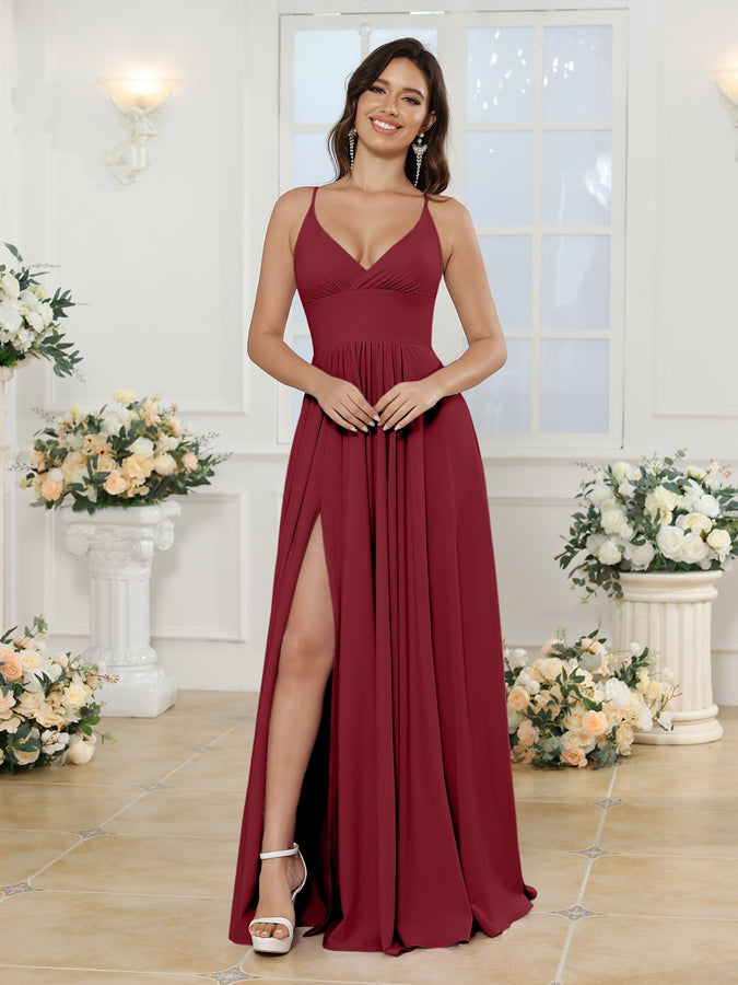 A-Line/Princess Spaghetti Straps Long Wedding Party Dresses with Split Side