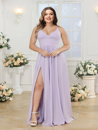 A-Line/Princess Spaghetti Straps Long Plus Size Wedding Party Dresses with Split Side