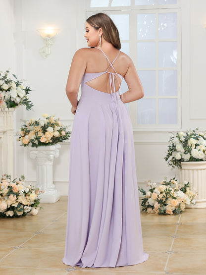 A-Line/Princess Spaghetti Straps Long Plus Size Wedding Party Dresses with Split Side