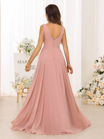 A-Line/Princess V-Neck Split Side Long Bridesmaid Dresses with Pockets