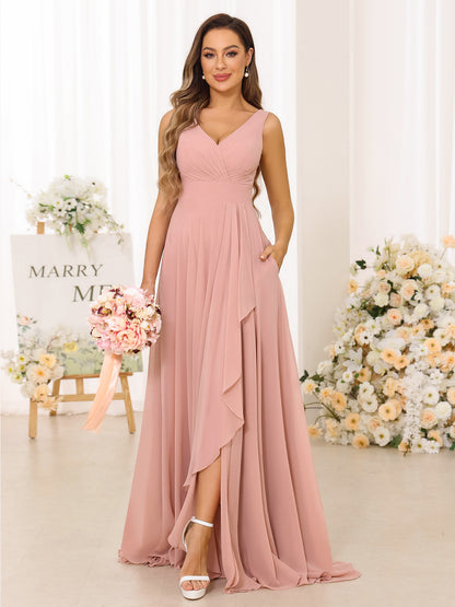 A-Line/Princess V-Neck Split Side Long Bridesmaid Dresses with Pockets