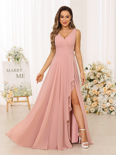 A-Line/Princess V-Neck Split Side Long Bridesmaid Dresses with Pockets