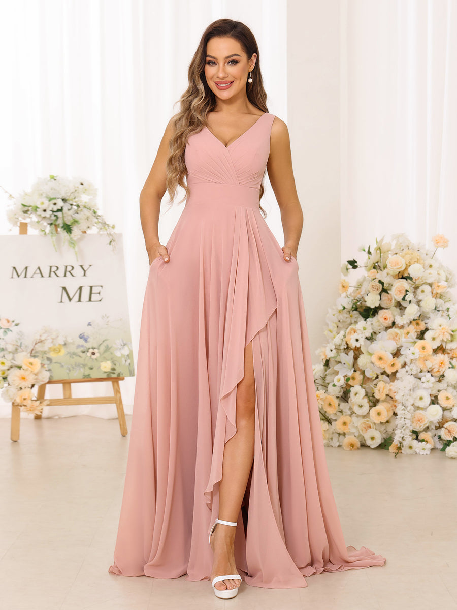 A-Line/Princess V-Neck Split Side Long Bridesmaid Dresses with Pockets