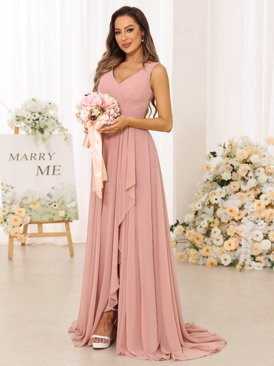 A-Line/Princess V-Neck Split Side Long Bridesmaid Dresses with Pockets