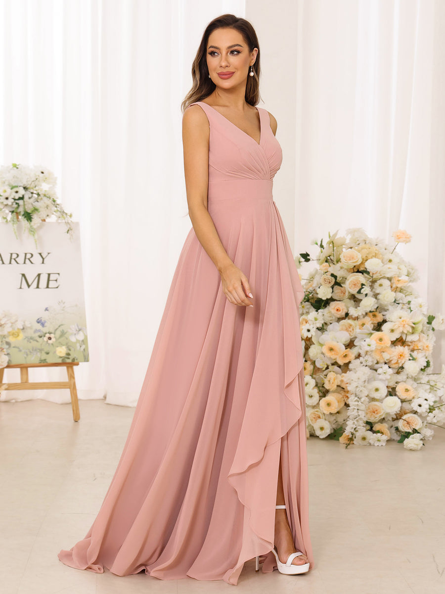 A-Line/Princess V-Neck Split Side Long Bridesmaid Dresses with Pockets