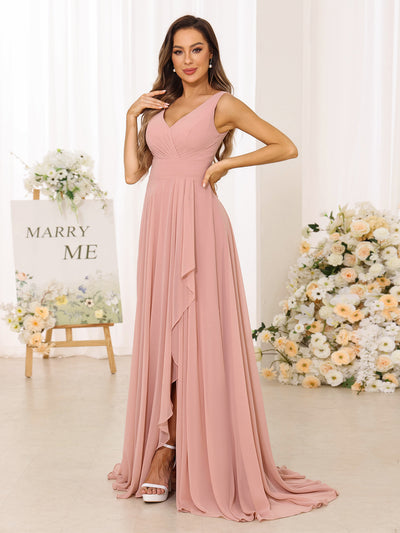 A-Line/Princess V-Neck Split Side Long Bridesmaid Dresses with Pockets