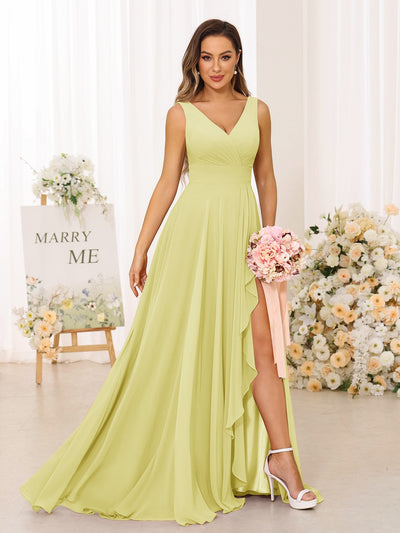 A-Line/Princess V-Neck Split Side Long Bridesmaid Dresses with Pockets