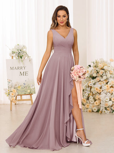 A-Line/Princess V-Neck Split Side Long Bridesmaid Dresses with Pockets