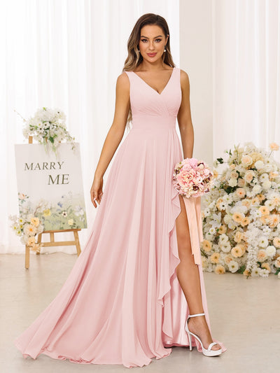 A-Line/Princess V-Neck Split Side Long Bridesmaid Dresses with Pockets