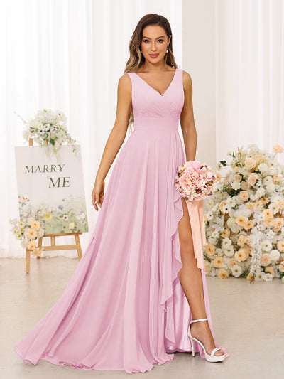 A-Line/Princess V-Neck Split Side Long Bridesmaid Dresses with Pockets