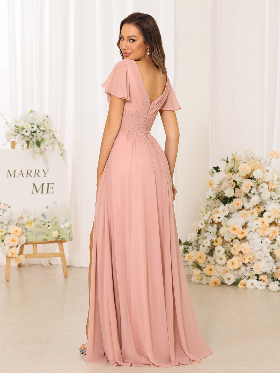 A-Line/Princess V-Neck Short Sleeves Long Bridesmaid Dresses with Split Side