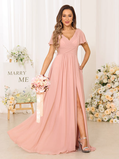 A-Line/Princess V-Neck Short Sleeves Long Bridesmaid Dresses with Split Side