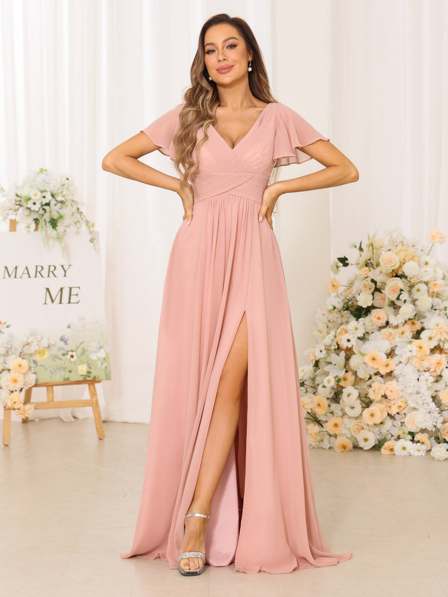 A-Line/Princess V-Neck Short Sleeves Long Bridesmaid Dresses with Split Side