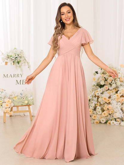 A-Line/Princess V-Neck Short Sleeves Long Bridesmaid Dresses with Split Side