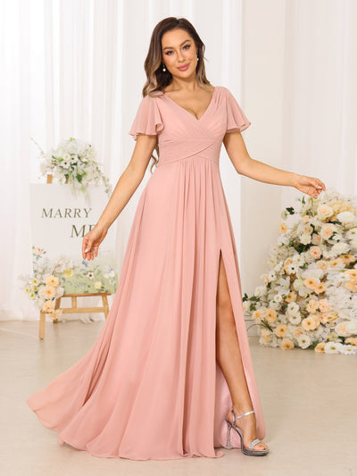 A-Line/Princess V-Neck Short Sleeves Long Bridesmaid Dresses with Split Side