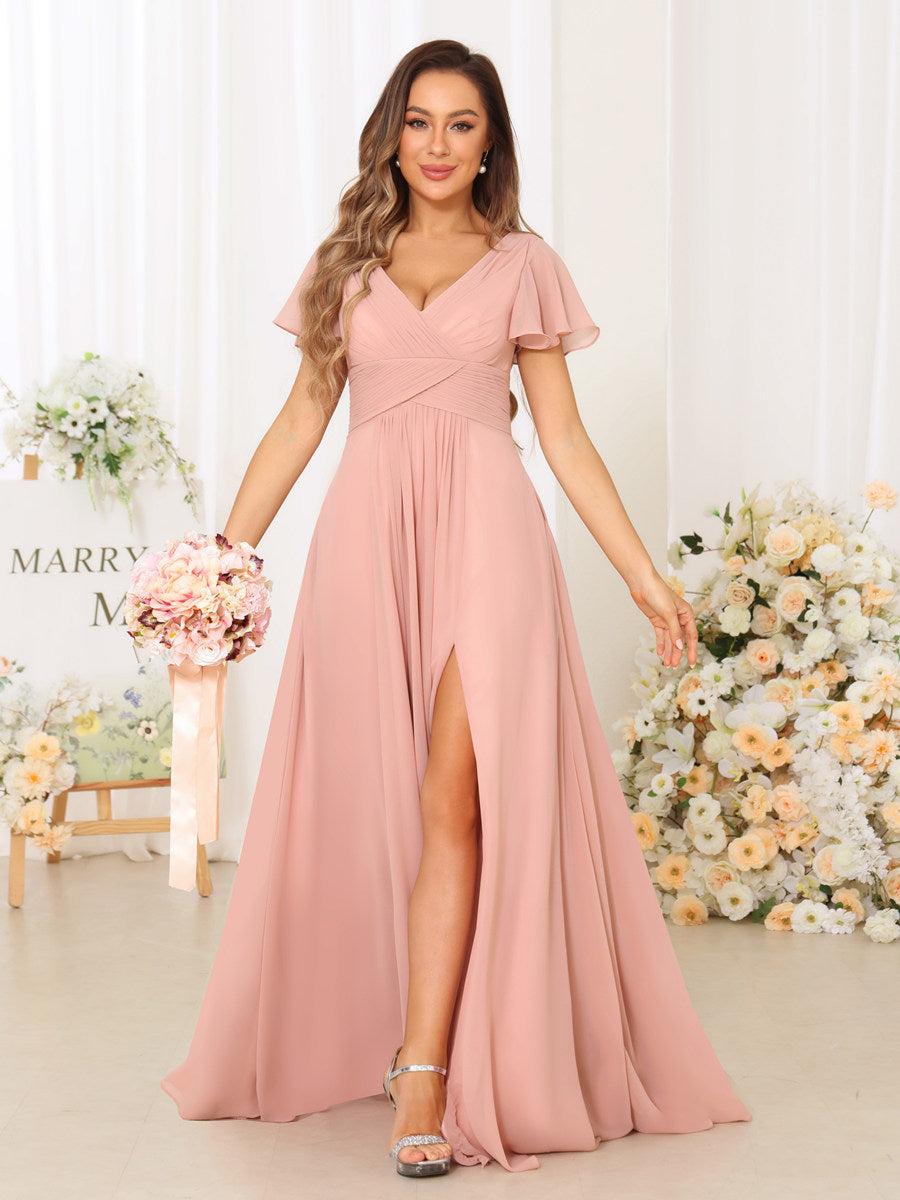 A-Line/Princess V-Neck Short Sleeves Long Bridesmaid Dresses with Split Side