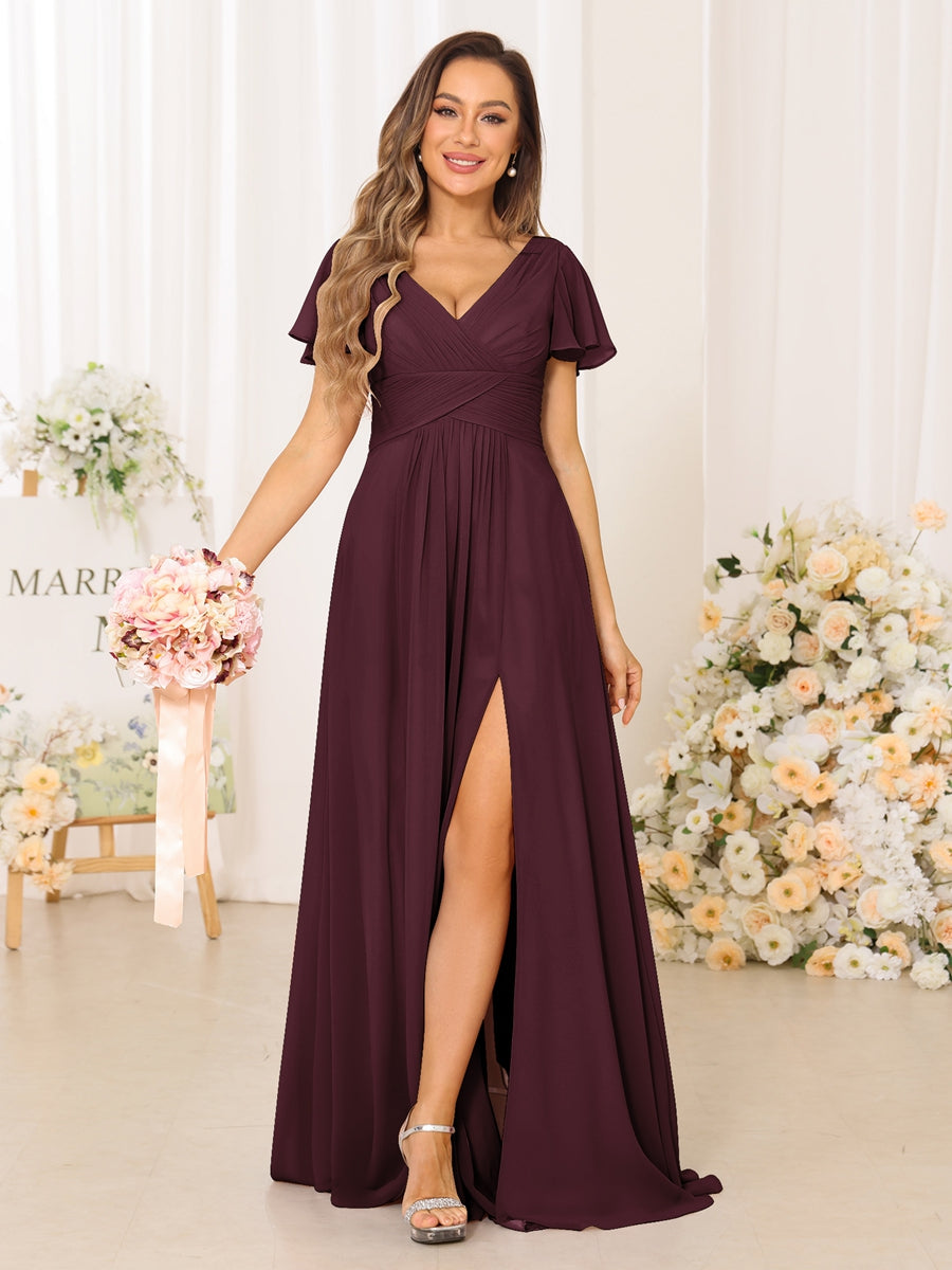 A-Line/Princess V-Neck Short Sleeves Long Bridesmaid Dresses with Split Side