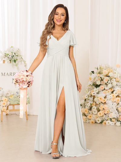 A-Line/Princess V-Neck Short Sleeves Long Bridesmaid Dresses with Split Side