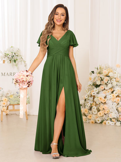 A-Line/Princess V-Neck Short Sleeves Long Bridesmaid Dresses with Split Side