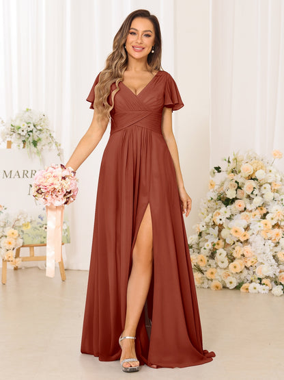 A-Line/Princess V-Neck Short Sleeves Long Bridesmaid Dresses with Split Side