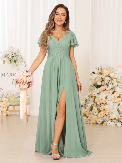 A-Line/Princess V-Neck Short Sleeves Long Bridesmaid Dresses with Split Side