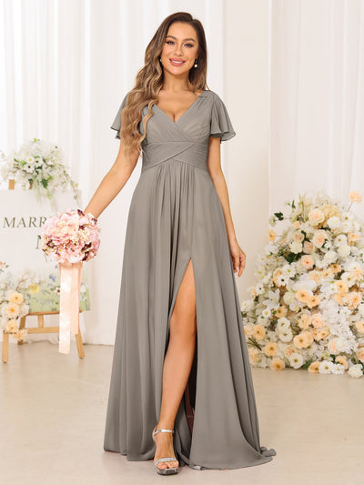 A-Line/Princess V-Neck Short Sleeves Long Bridesmaid Dresses with Split Side