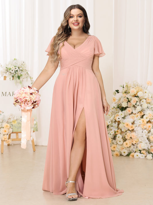 A-Line/Princess V-Neck Short Sleeves Long Plus Size Bridesmaid Dresses with Split Side