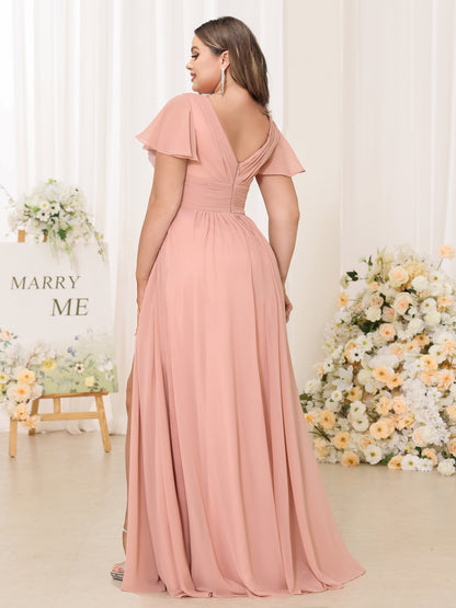 A-Line/Princess V-Neck Short Sleeves Long Plus Size Bridesmaid Dresses with Split Side