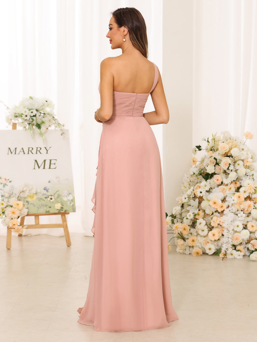 A-Line/Princess One-Shoulder Long Bridesmaid Dresses with Split Side