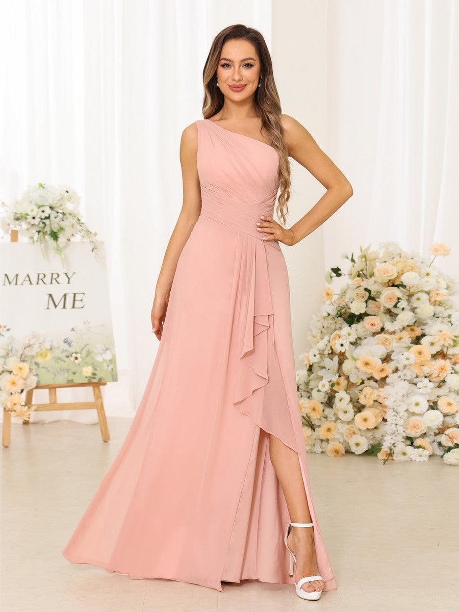 A-Line/Princess One-Shoulder Long Bridesmaid Dresses with Split Side