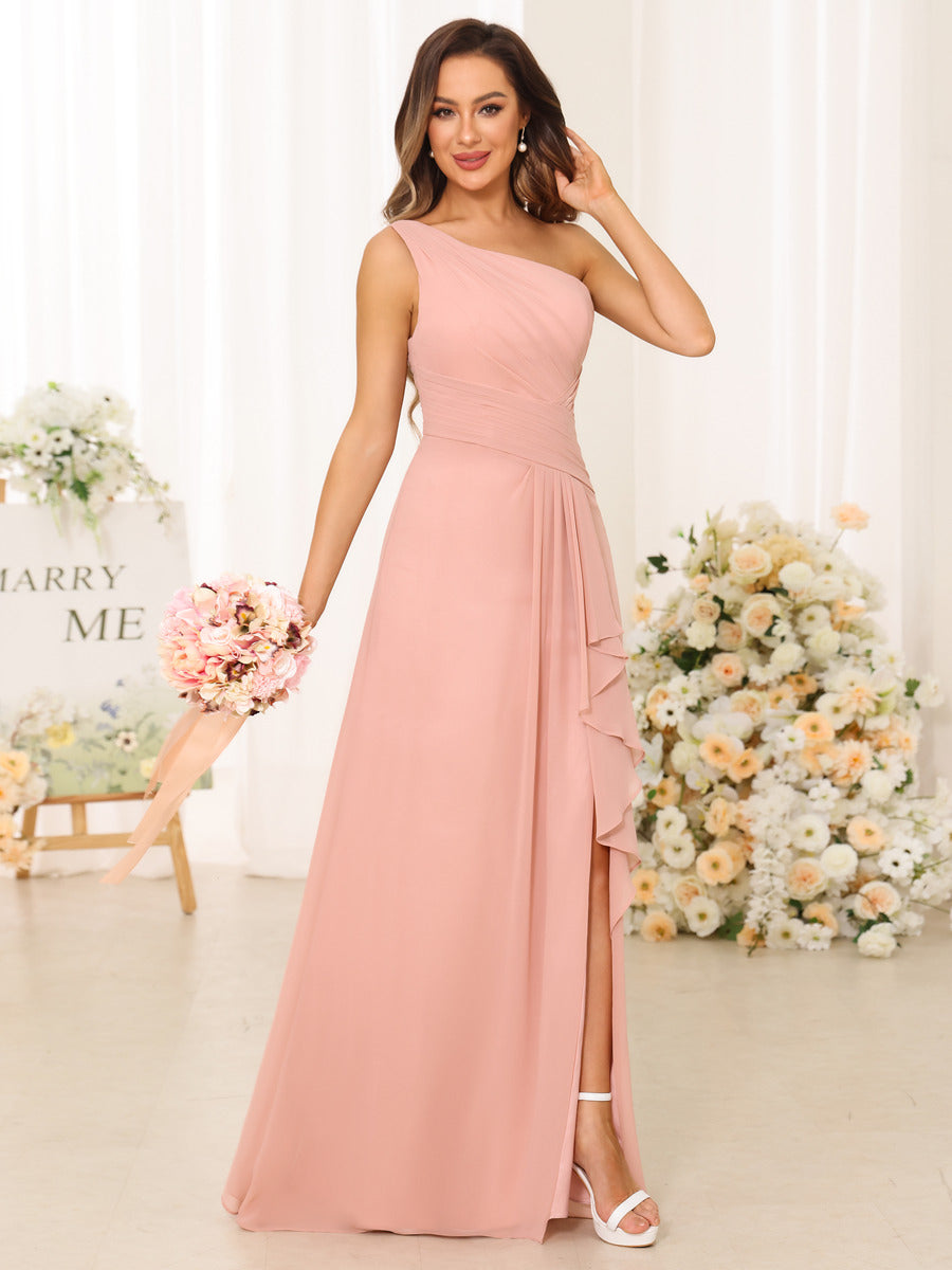 A-Line/Princess One-Shoulder Long Bridesmaid Dresses with Split Side